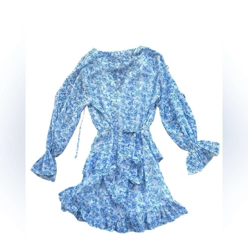 Tularosa Serafina Floral White Blue Long Sleeve Romantic Mini Dress‎ Size Small - Picture 10 of 12